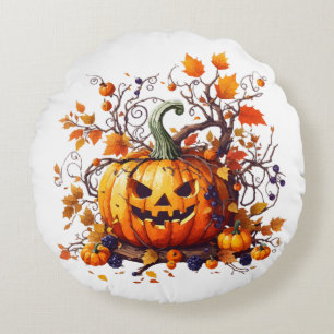 autumn Halloween funny pumpkin Round Pillow