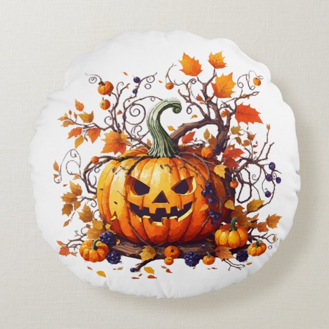 autumn Halloween funny pumpkin Round Pillow (Front)