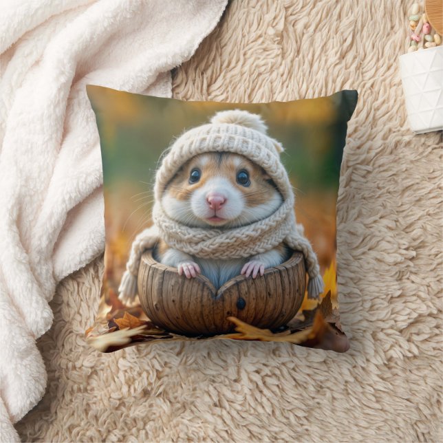 Autumn Hamster In a Walnut Shell Throw Pillow (Blanket)