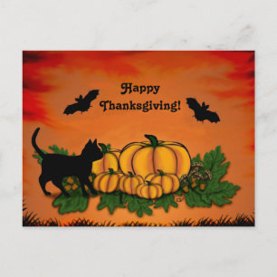 Autumn , Happy Thanksgiving With Bat and Black Cat Postcard