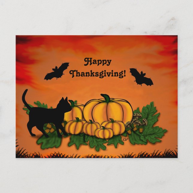 Autumn , Happy Thanksgiving With Bat and Black Cat Postcard (Front)