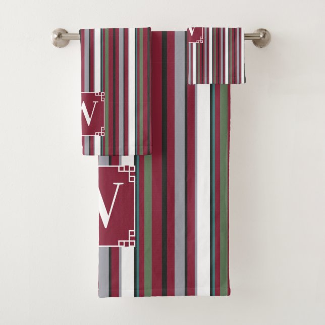 Autumn Harmony Stripes – Burgundy, Green, and Grey Bath Towel Set (Insitu)