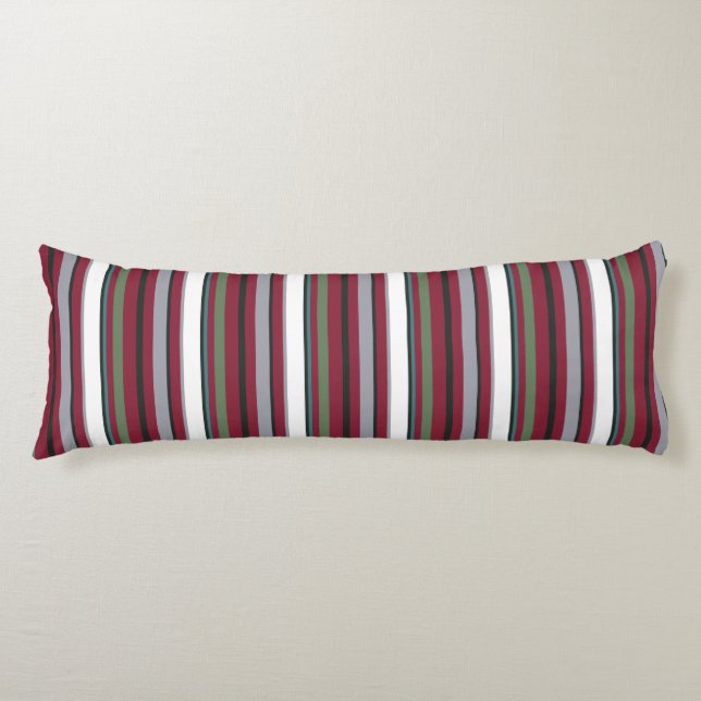 Autumn Harmony Stripes – Burgundy, Green, and Grey Body Pillow (Front)
