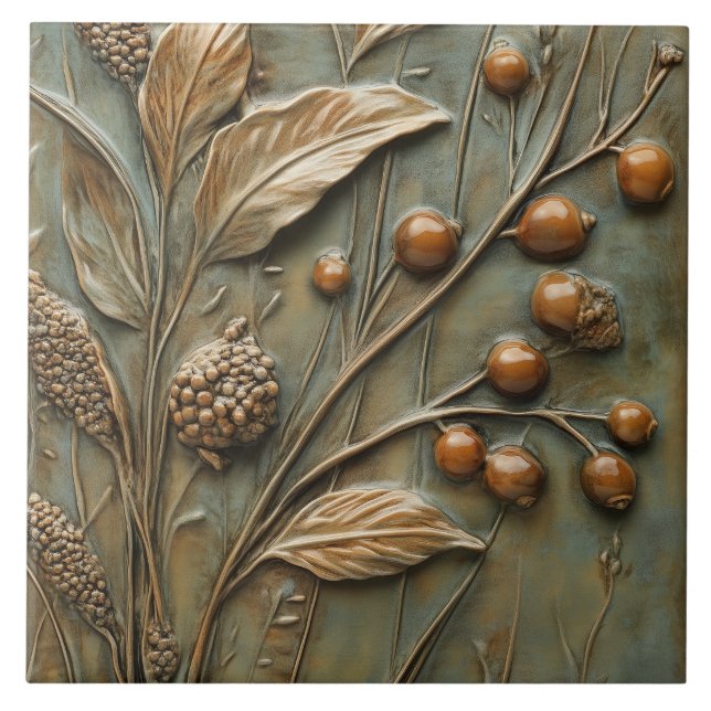 Autumn Harvest Botanical Berry Faux Relief  Tile (Front)