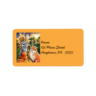 Autumn Harvest Corn Red Fox Raccoon Watercolor Art Label