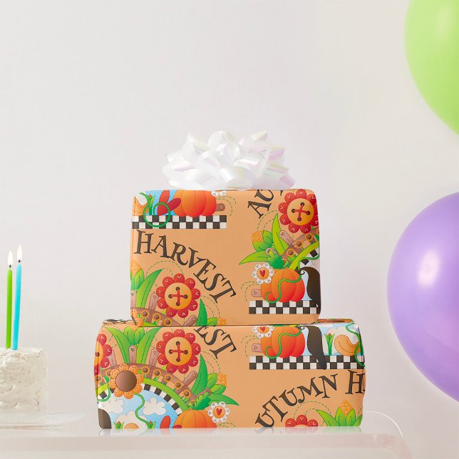 Autumn Harvest Folk Art Pumpkin and Sunflower Fall Wrapping Paper (Creator Uploaded)
