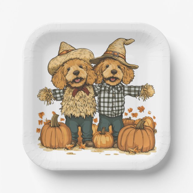 Autumn Harvest Goldendoodle Dogs Paper Plate (Front)