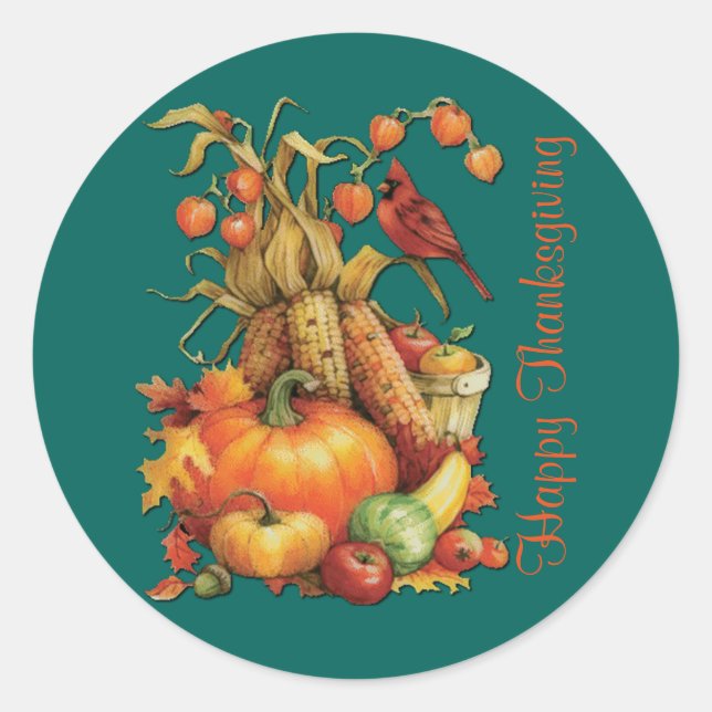 Autumn Harvest Happy Thanksgiving Green Stickers (Front)