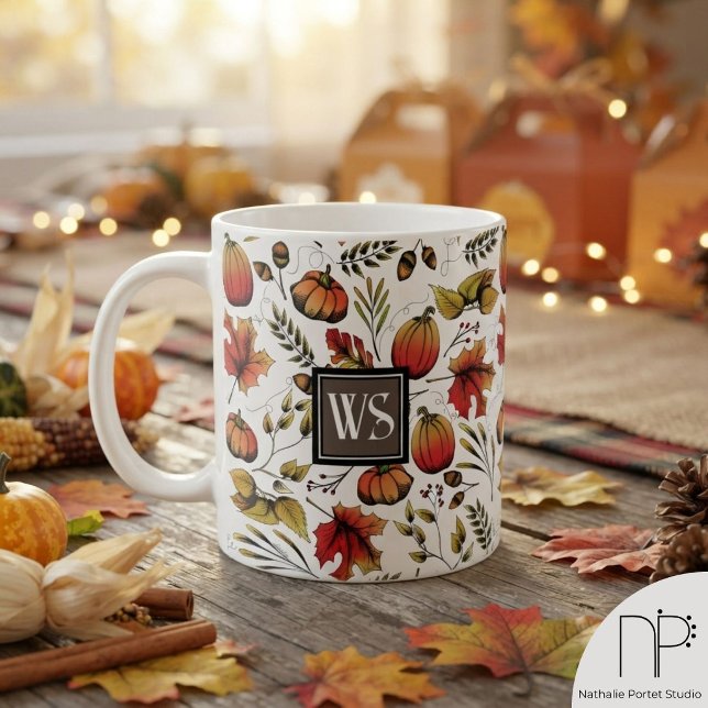 Autumn Harvest Monogram Pumpkin Mug (This autumn harvest mug features hand-drawn pumpkins and leaves for seasonal fall coffee drinking.)