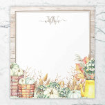 Autumn Harvest Monogrammed Notepad<br><div class="desc">Whimsical, rustic fall harvest notepad with a wood background and customizable name template. Baskets full of pumpkins, autumn leaves, and wheat create a decorative rustic fall border along the bottom of the page. This cute autumn notepad can be personalized with a name and monogram, making for a special fall themed...</div>