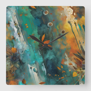 Autumn harvest paint Teal Rust Gold Abstract Square Wall Clock