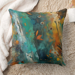 Autumn harvest paint Teal Rust Gold Abstract Throw Pillow