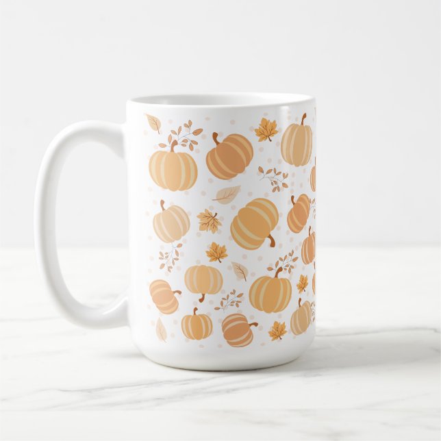 Autumn Harvest Pumpkin and Leaf Pastel Pattern Coffee Mug (Left)