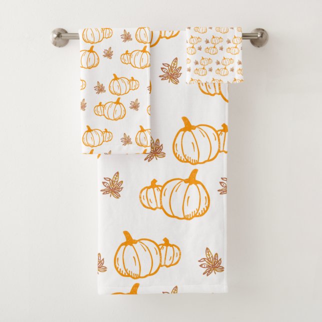 Autumn Harvest Pumpkins and Leaves Bath Towel Set (Insitu)