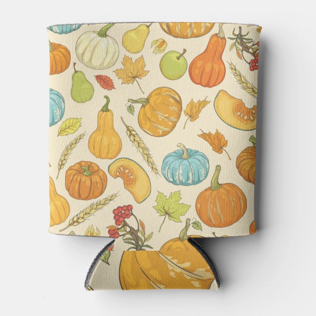 Autumn Harvest: Pumpkins and Leaves Pattern Can Cooler (Front)