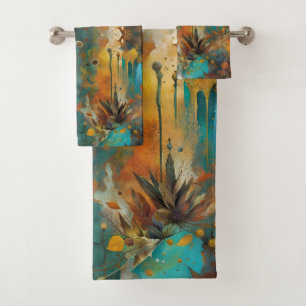 Autumn Harvest Teal Rust Gold Abstract Bath Towel Set