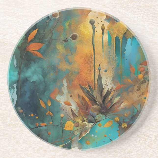 Autumn Harvest Teal Rust Gold Abstract Coaster (Front)