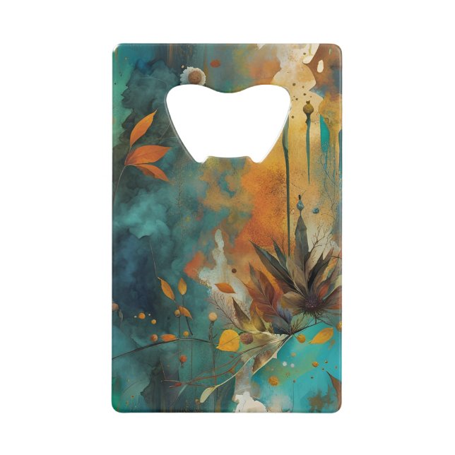 Autumn Harvest Teal Rust Gold Abstract Credit Card Bottle Opener (Front)