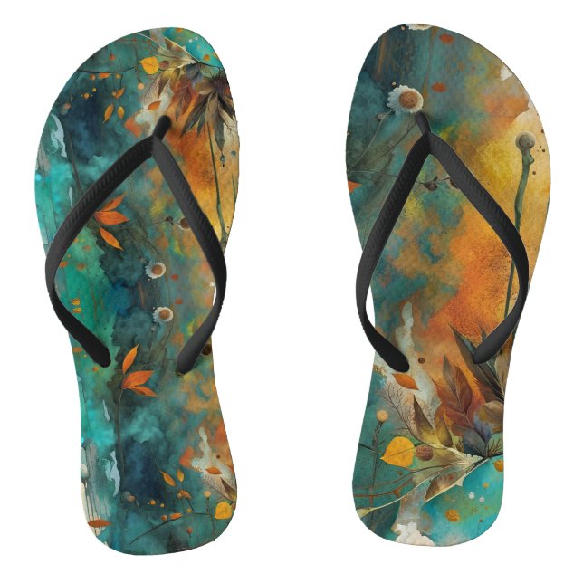 Autumn Harvest Teal Rust Gold Abstract Flip Flops (Footbed)