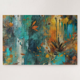 Autumn Harvest Teal Rust Gold Abstract Jigsaw Puzzle