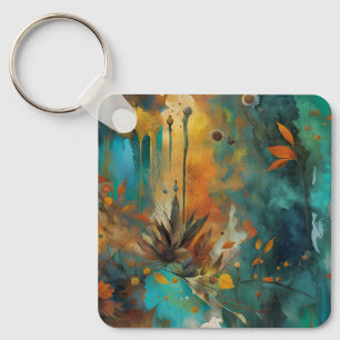 Autumn Harvest Teal Rust Gold Abstract Keychain