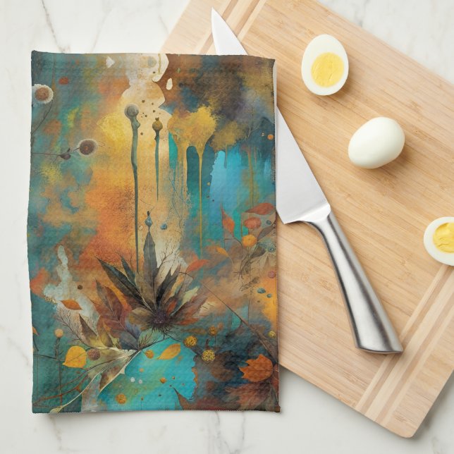 Autumn Harvest Teal Rust Gold Abstract Kitchen Towel (Quarter Fold)