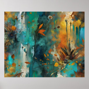 Autumn Harvest Teal Rust Gold Abstract Poster