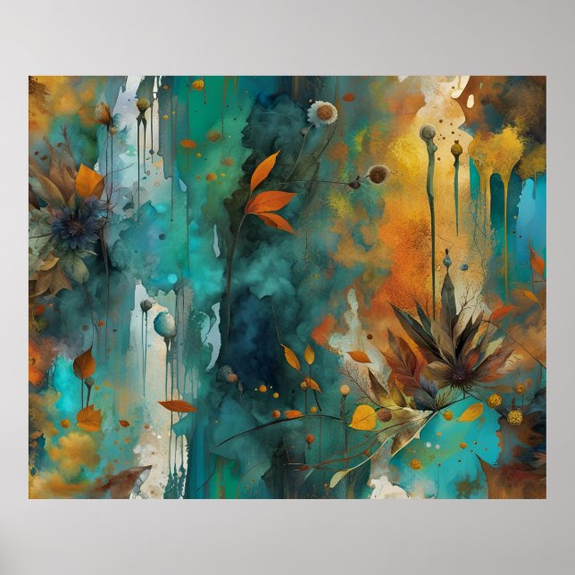 Autumn Harvest Teal Rust Gold Abstract Poster (Front)