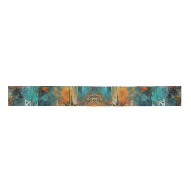 Autumn Harvest Teal Rust Gold Abstract Satin Ribbon (Front)