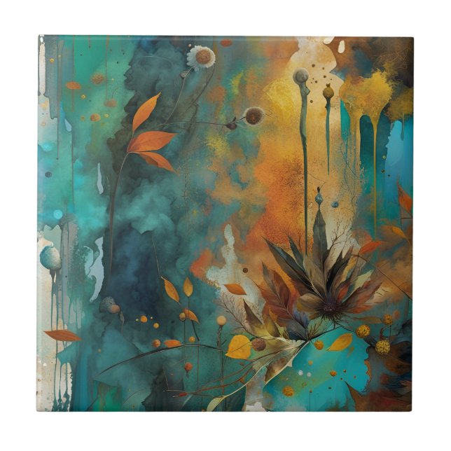 Autumn Harvest Teal Rust Gold Abstract Tile (Front)