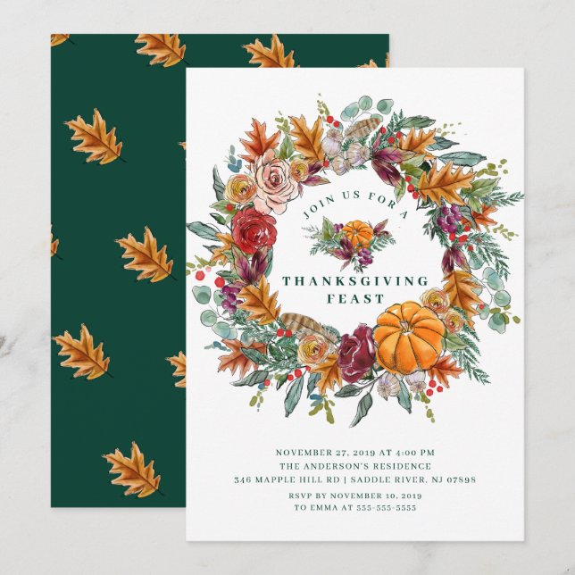Autumn Harvest Wreath Thanksgiving Dinner Party Invitation (Front/Back)