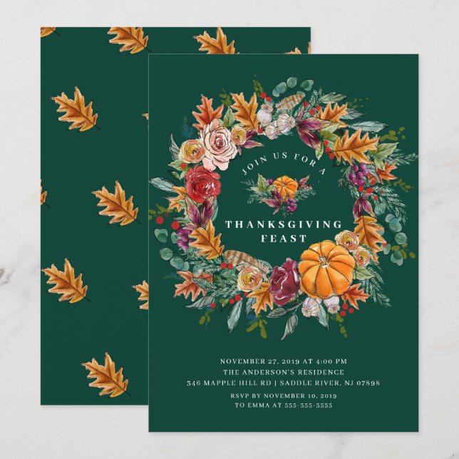 Autumn Harvest Wreath Thanksgiving Dinner Party Invitation (Front/Back)