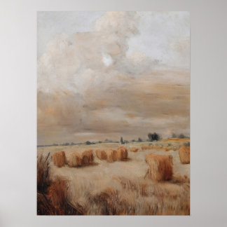 Autumn hay field painting, vintage art, oil paint poster