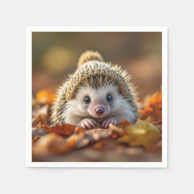 Autumn Hedgehog With Knitted Cap Napkin (Front)