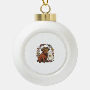 Autumn Highland Cow Ghost Vintage Engraving Shirt Ceramic Ball Christmas Ornament