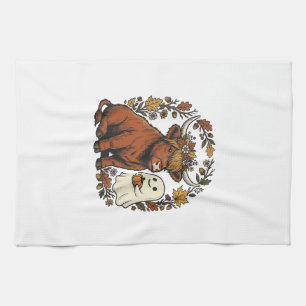 Autumn Highland Cow Ghost Vintage Engraving Shirt Kitchen Towel