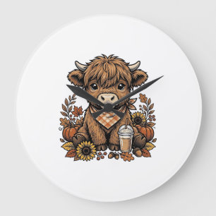 Autumn Highland Cow Vintage Fall Farmhouse Art Large Clock
