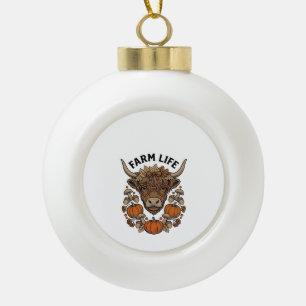 Autumn Highland Cow With Heart Glasses Ceramic Ball Christmas Ornament