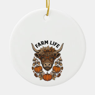 Autumn Highland Cow With Heart Glasses Ceramic Ornament