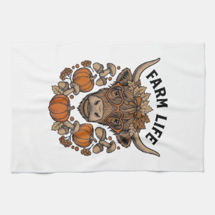 Autumn Highland Cow With Heart Glasses Kitchen Towel
