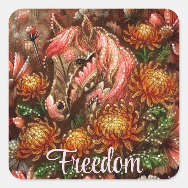 Autumn Horse Floral Chrysanthemums Personalized Square Sticker (Front)