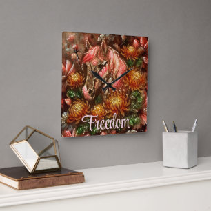 Autumn Horse Floral Chrysanthemums Personalized Square Wall Clock