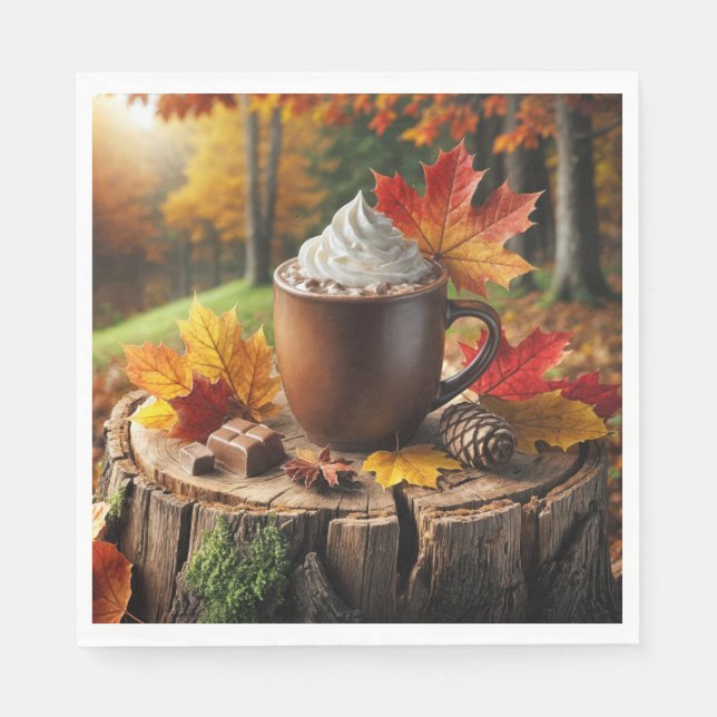Autumn Hot Chocolate On Tree Stump Napkin (Front)