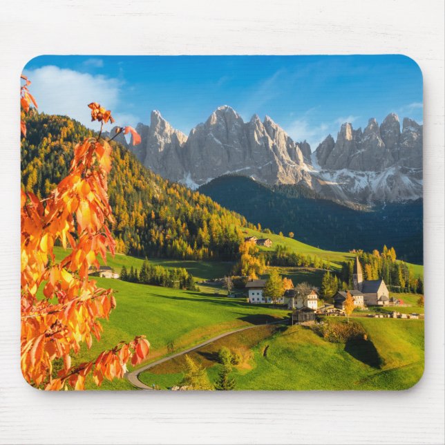 Autumn in a Dolomites landscape with church Mouse Pad (Front)