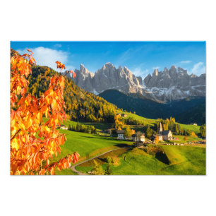 Autumn in a Dolomites landscape with church Photo Print