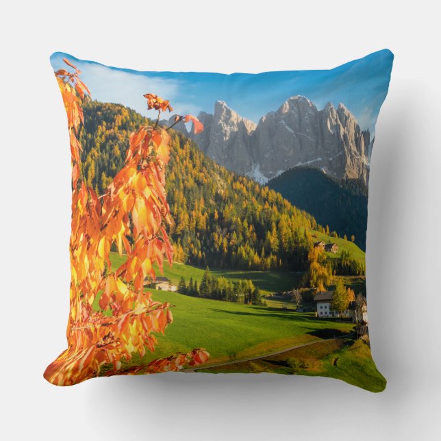 Autumn in a Dolomites landscape with church Throw Pillow (Front)