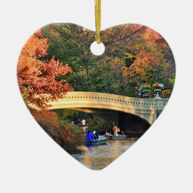 Autumn in Central Park: Boaters by Bow Bridge  #01 Ceramic Ornament (Front)