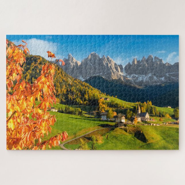 Autumn in Dolomites mountain landscape with church Jigsaw Puzzle (Horizontal)