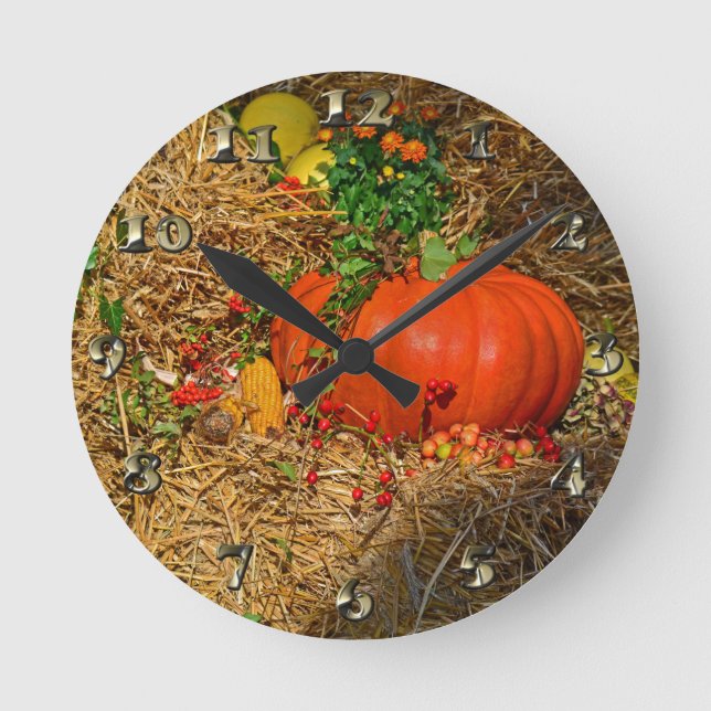 Autumn in the Fall Pumpkin Patch Round Clock (Front)