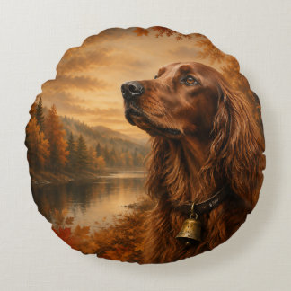 Autumn Irish Setter  – Rustic Hunting Dog Art Round Pillow